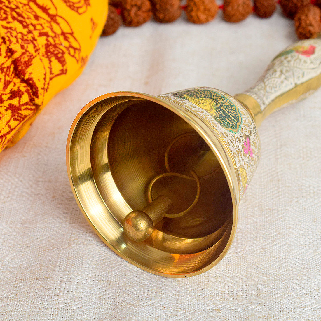 7 Inch Handcrafted Meenakari Brass Puja Bell (White)