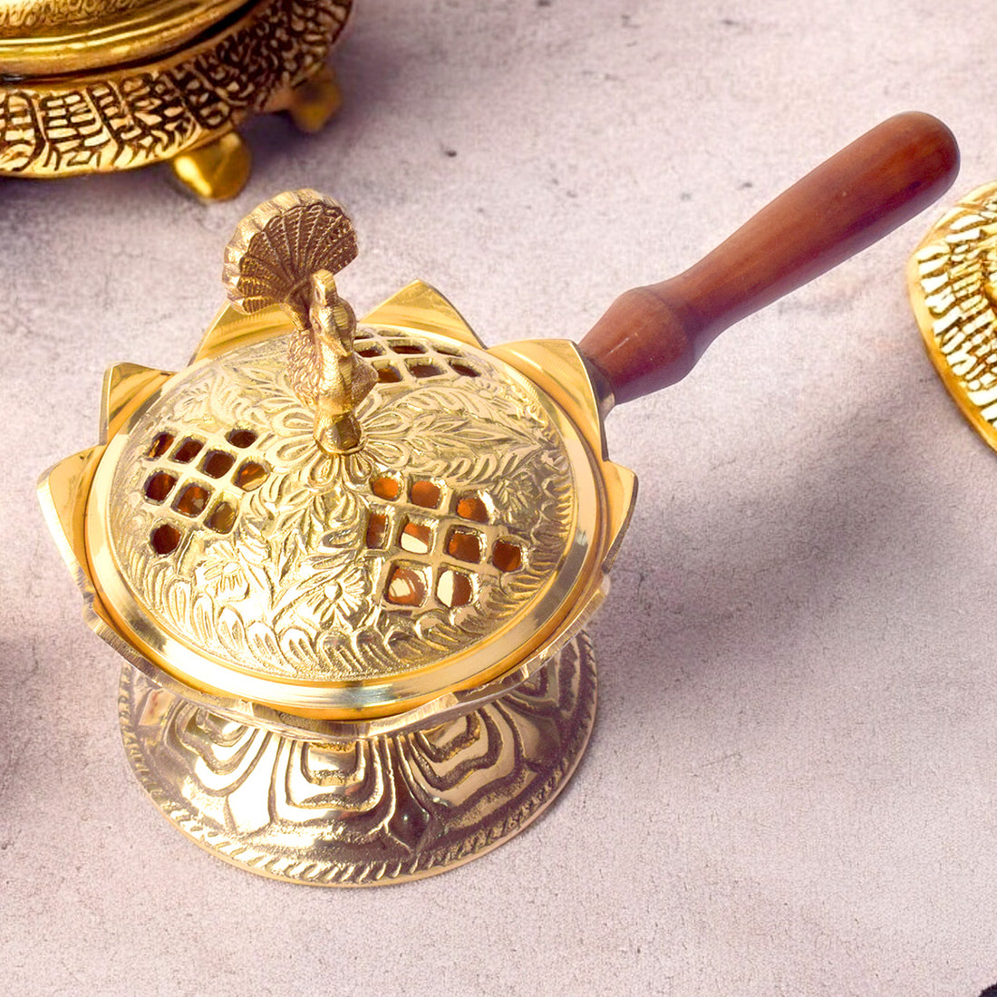 Antique Brass Loban Dingali with Wooden Handle for Pooja and Rituals