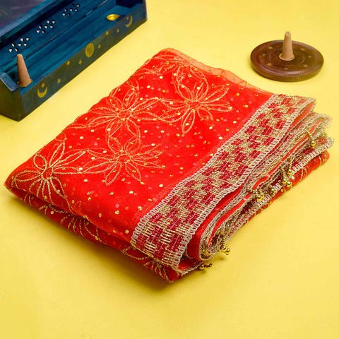 Traditional 81x42 inch Decorative Red Mata Chunri with rich fabric and intricate embellishments for Mata idol decoration – India’s Largest Pooja Accessories Brand – www.Satvikstore.in