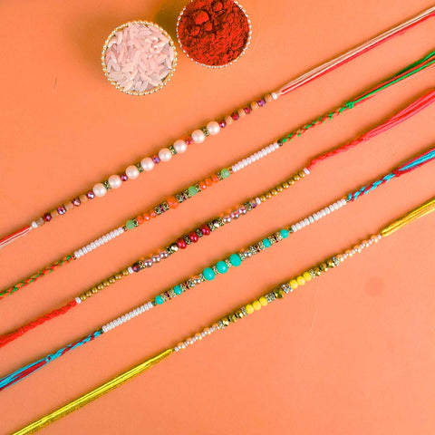 Set of 5 Designer Rakhi Threads with Roli Chawal and Ram Sita Stickers for Raksha Bandhan Celebration. India’s Largest Pooja Accessories Brand - www.satvikstore.in