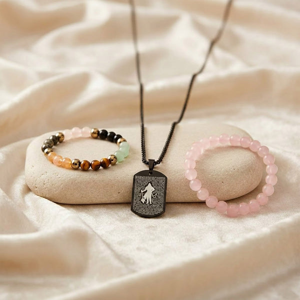 Dhan Yog & Rose Quartz Bracelet Combo with Hanuman Chalisa Pendant