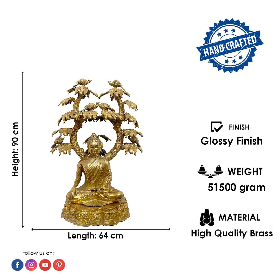 35 Inch Brass Meditating Buddha Under Turtle & Bird Tree Statue