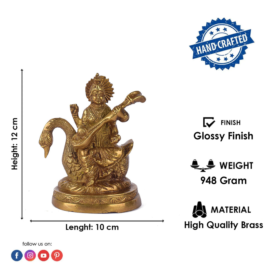 4.7 Inch Divine Brass Saraswati Maa Idol