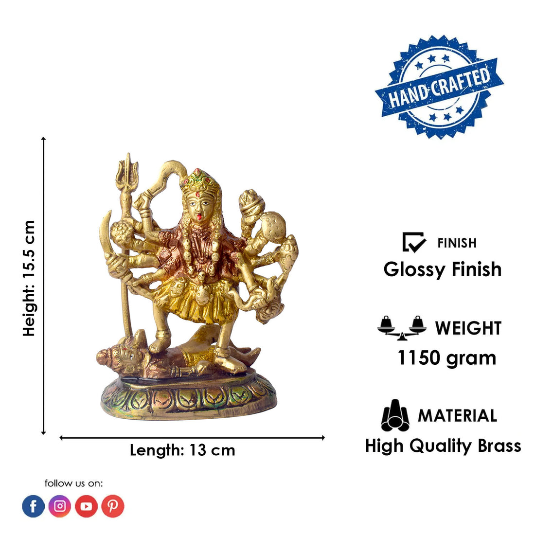 Embrace the divine power and energy of Kali Mata with this intricately handcrafted 6-inch Brass Kali Mata Idol. Known as the goddess of destruction, transformation, and liberation, Kali Mata represents the removal of negativity and the triumph of good over evil.