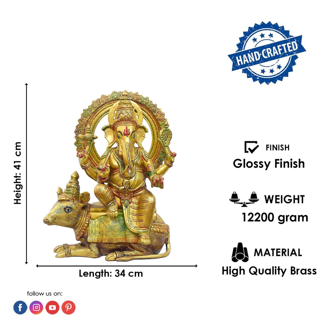 16 Inch Divine Brass Ganesha on Nandi – Sacred Vedic Sculpture