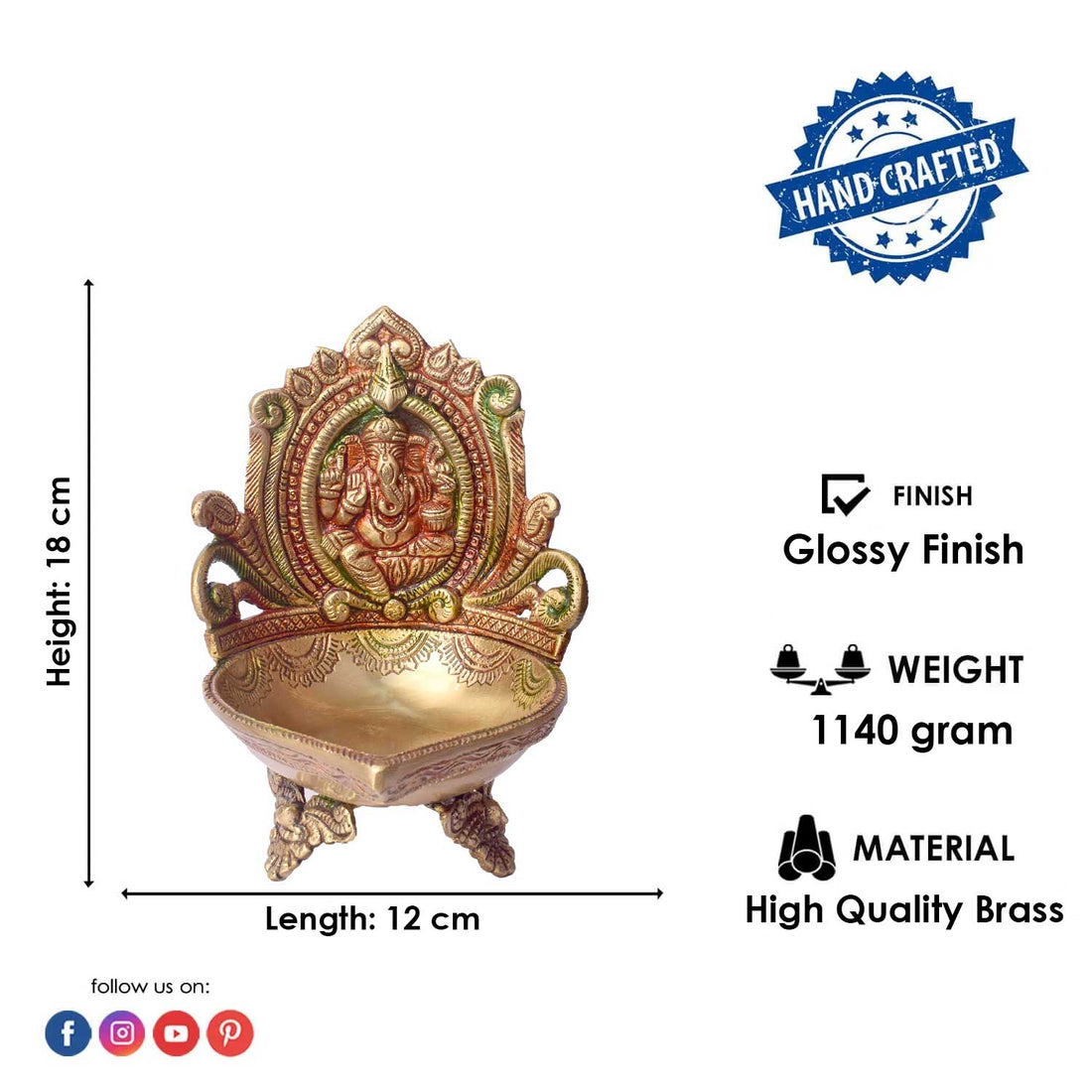 7.1 Inch Brass Ganesh Diya -Traditional Oil Lamp for Puja and Mandir Decor