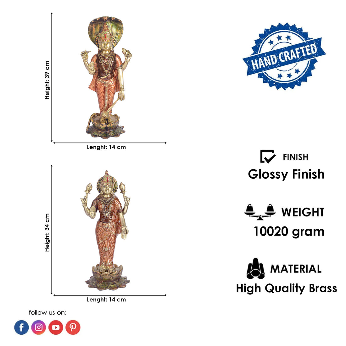 15.4 Inch Big Brass Vishnu & Laxmi Murti