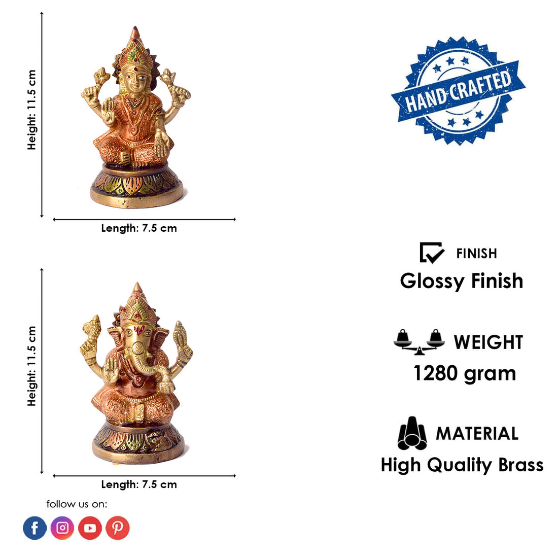 4.5 Inch Handcrafted Brass Lakshmi Ganesha Idol