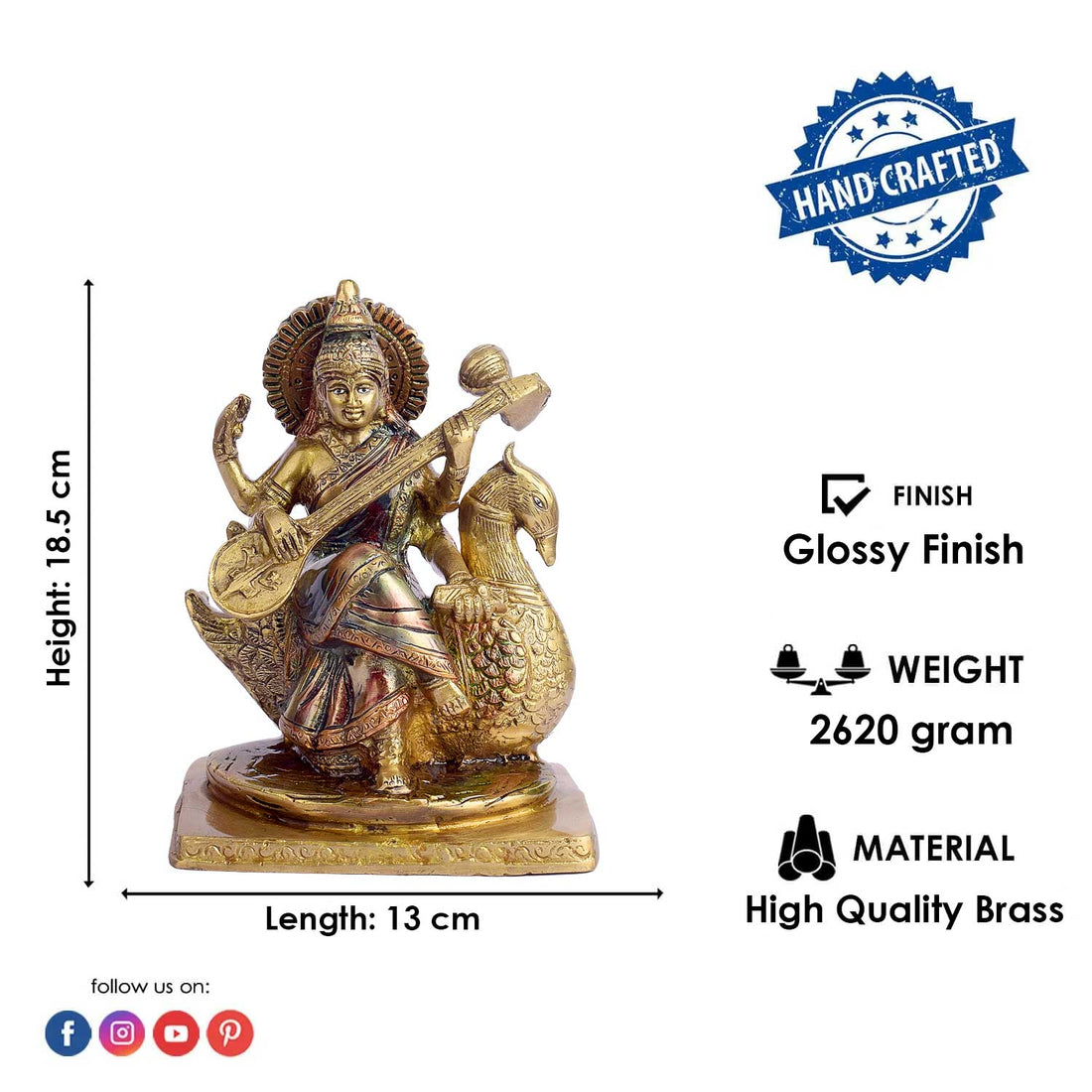 7.3 Inch Goddess Saraswati Mata Brass Idol
