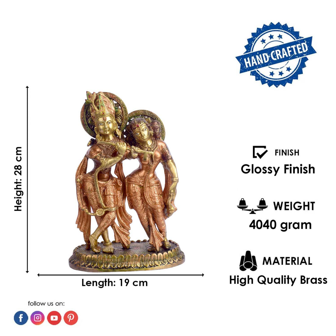 11 Inch Brass Radha Krishna Standing Together Statue