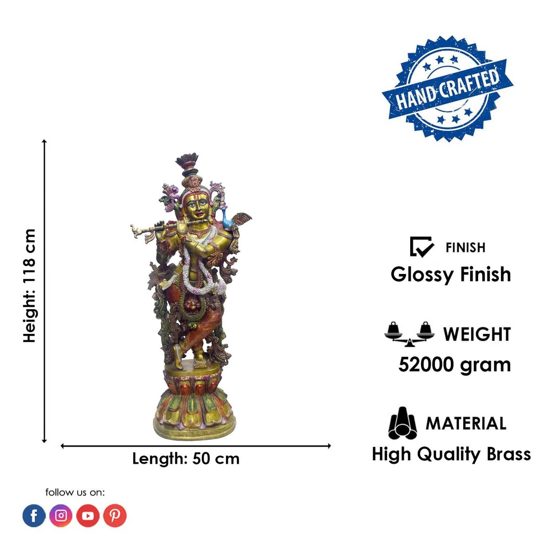46 Inch Standing Brass Krishna Playing Flute Idol