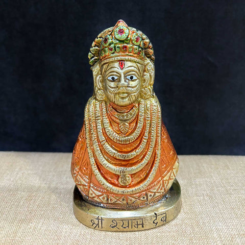5 Inch Brass Khatu Shyam Idol with intricate detailing, radiating divine blessings and grace – perfect for pooja rooms, spiritual décor, and devotional gifting. No.1 Brass Idol Store www.satvikstore.in 