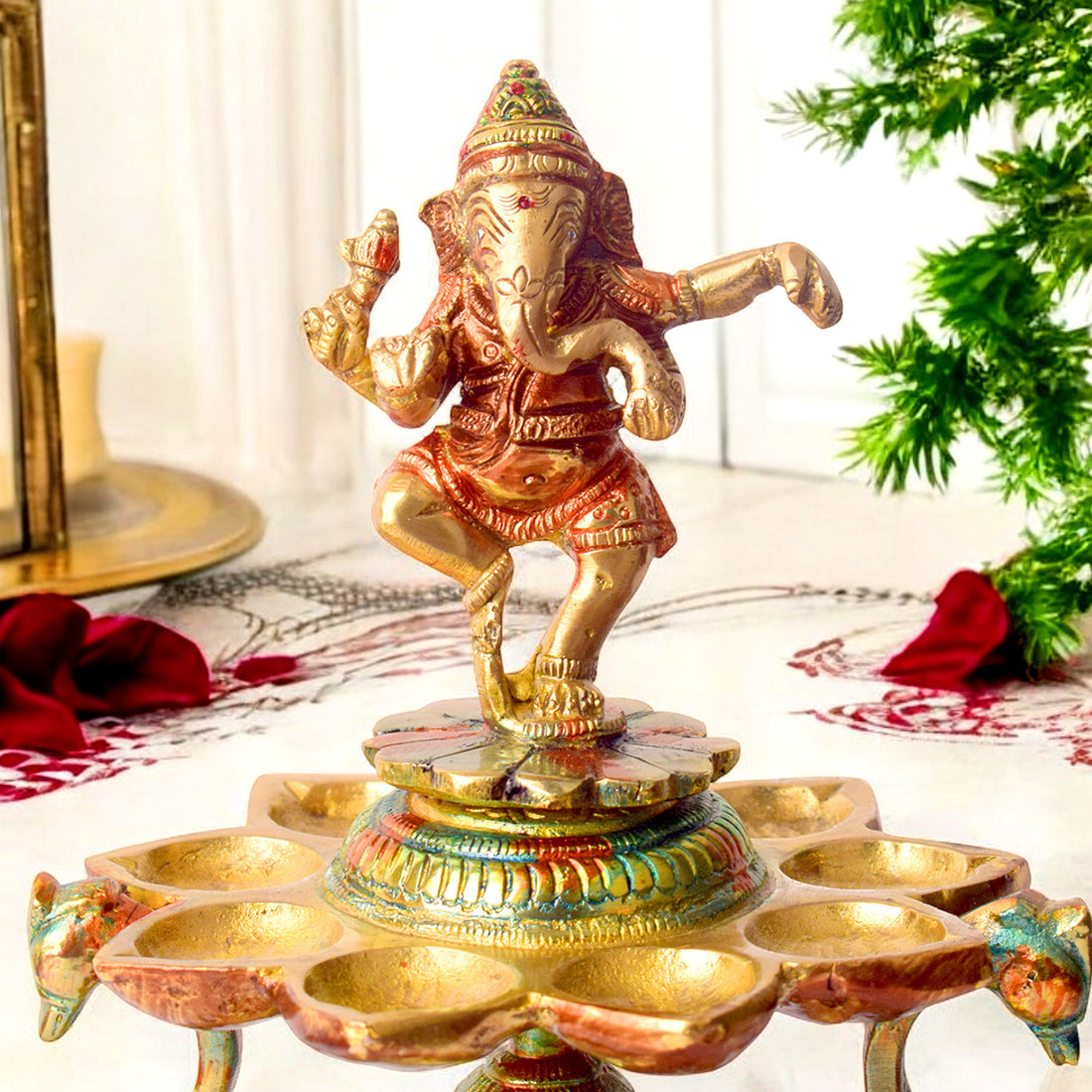 Handcrafted Brass 21 Wick Ganesha Diya – 2 Step Aarti Lamp