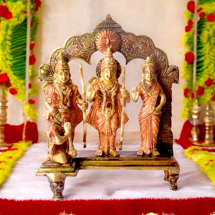 Brass Idol of 10.2 Inch Elegant Brass Ram Darbar Murti. Bring divine grace and positivity into your home with this beautifully crafted Brass Small Ram Darbar Idol, featuring Lord Rama, Sita, Lakshman, and Hanuman. Symbolizing love, devotion, and protection, this intricately detailed idol is perfect for enhancing your home temple, Pooja room, or spiritual décor. India's Largest Puja Accessories Brand - Satvik