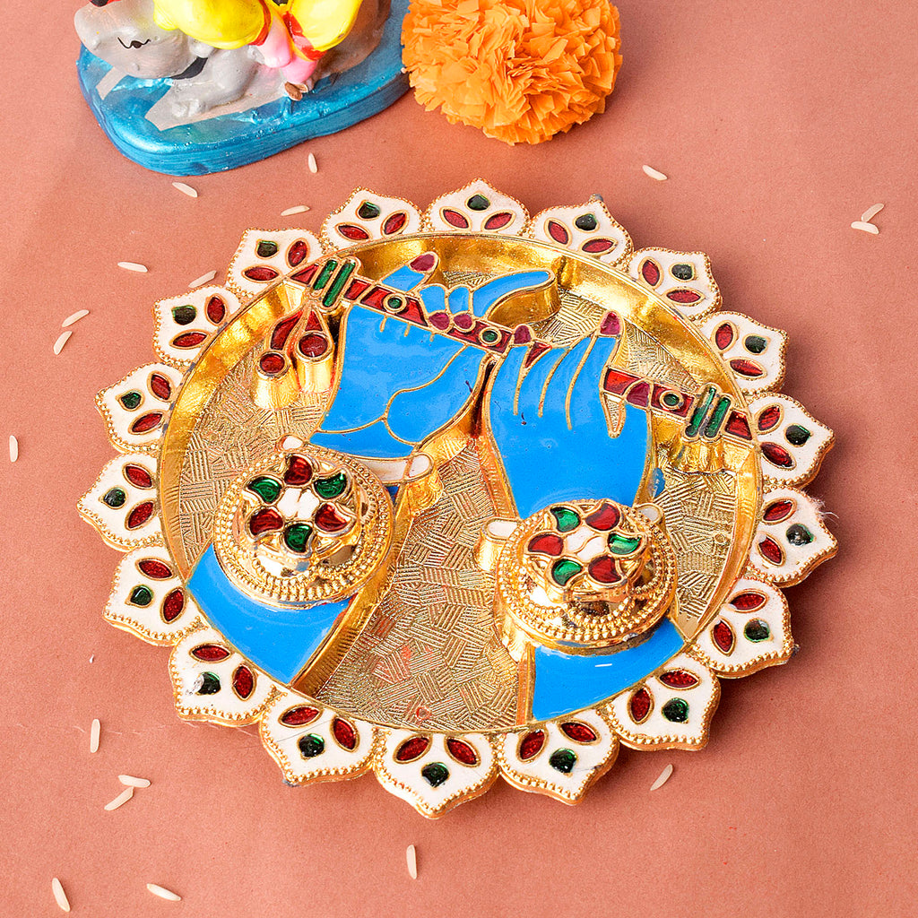 Exquisite kumkum holder shaped like Lord Krishna's hand, intricately designed for pooja rituals and spiritual offerings. India’s Largest Pooja Accessories Brand – www.satvikstore.in 