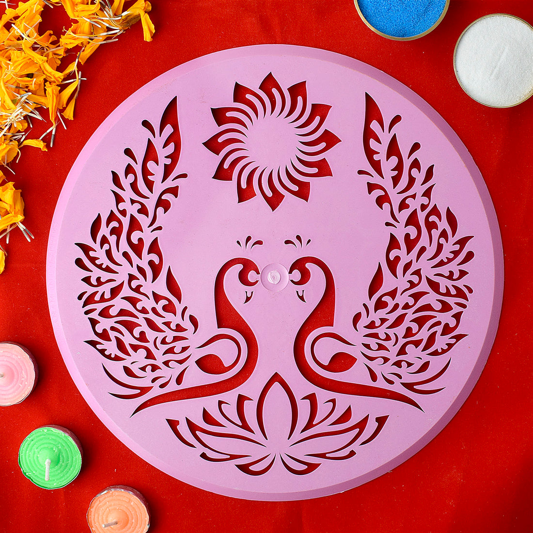 Reusable Pink Round Peacock Design Rangoli Stencils