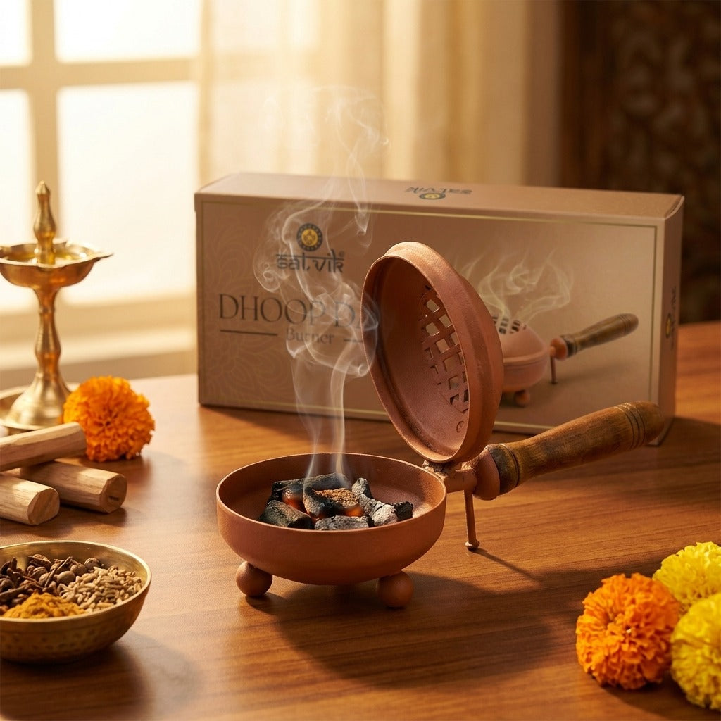 Traditional Dhoop Dani Incense Burner Holder with Wooden Handle