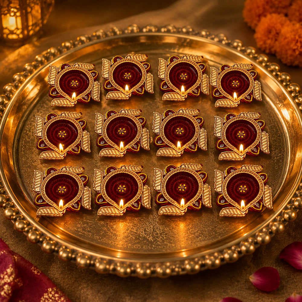 12 Pcs Premium Decorative Maroon Diwali Diyas