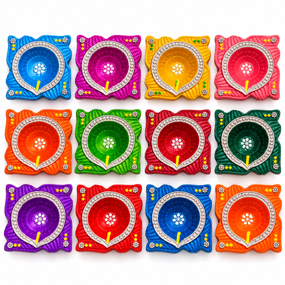 12 Pcs Premium Handmade Square-Framed Clay Diyas