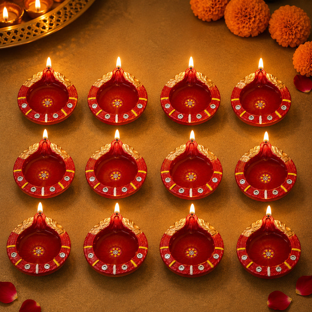 12 Pcs Yellow Stripes Traditional Red & Gold Clay Diyas