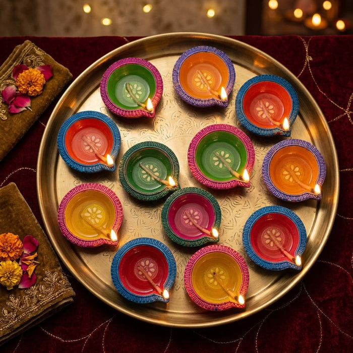 12 Pcs Handcrafted Dual-Tone Multicolor Diwali Clay Diyas