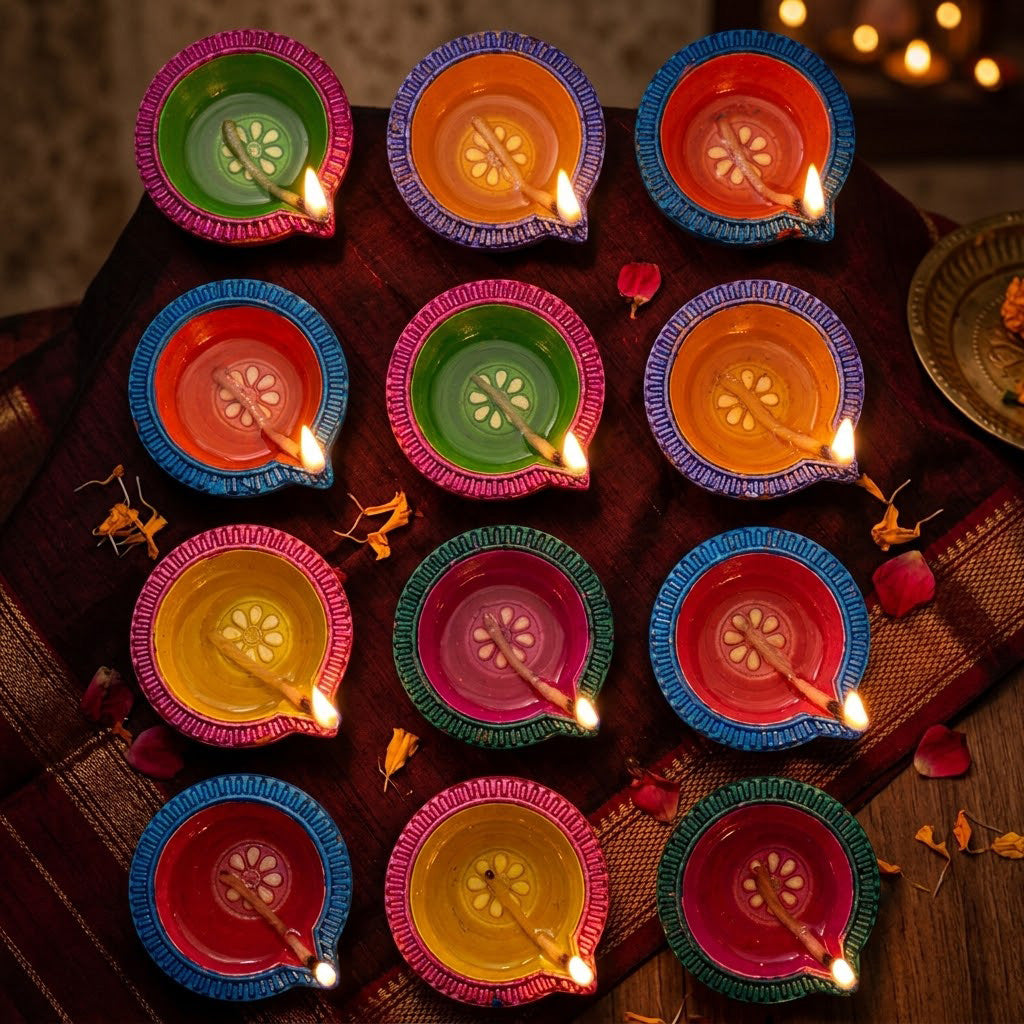 12 Pcs Handcrafted Dual-Tone Multicolor Diwali Clay Diyas