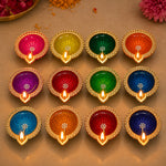 12 Pcs Leaf Spout & Pearl Center Hand-Painted Clay Diyas