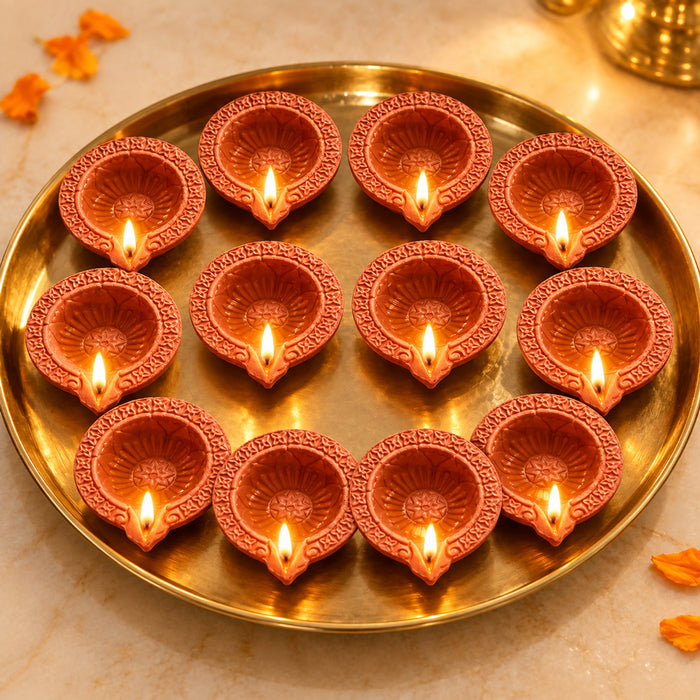 12 Pcs Traditional Clay Diya Set for Diwali Pooja