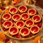 12 Pcs Handcrafted Red & Gold Metallic Designer Clay Diyas