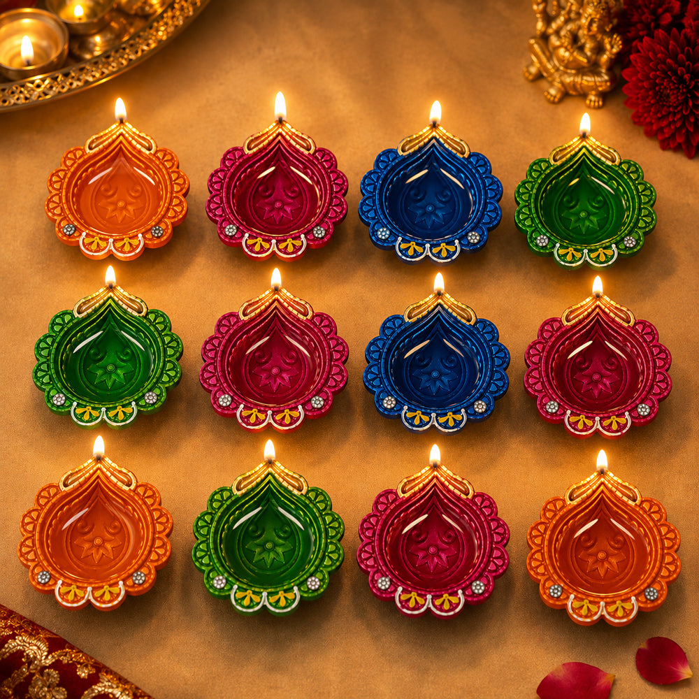12 Pack Designer Multicolor Golden Crown Spout Clay Diyas