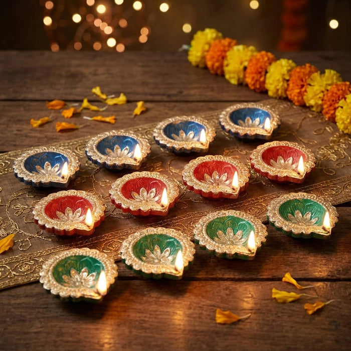 12 Pack Handcrafted Tricolor Earthen Clay Diyas