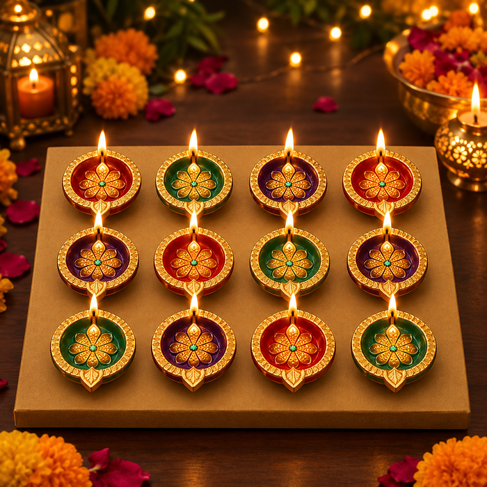 12 Pack Handcrafted Multi-Colored Decorative Painted Clay Diyas