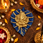 Lord Ganesh on Leaf Patta Wall Hanging - Blue