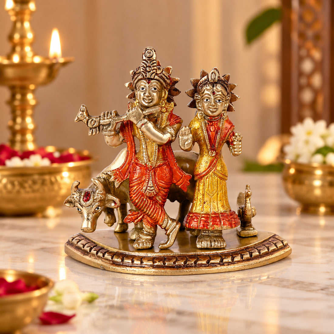 5.3 Inch Charismatic Radha Krishna Colorful Brass Idol