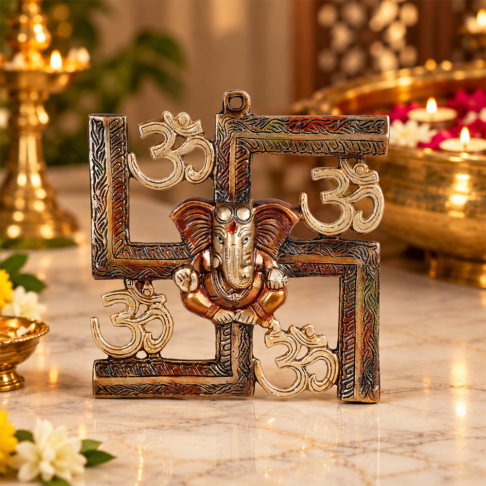 7.6 Inch Alluring Pure Brass Om Swastik Ganesh Wall Hanging