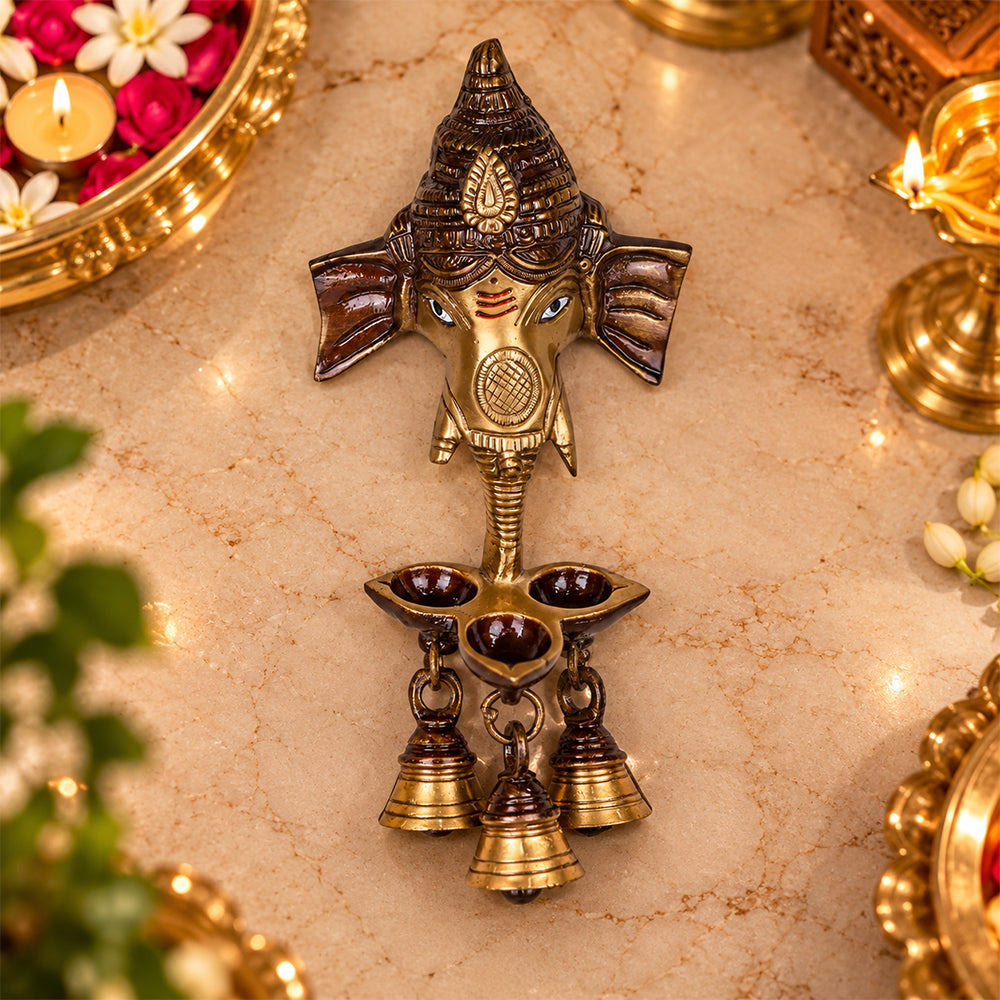 8.8 Inch Brass Ganesh With Bell And Diya Wall Hanging