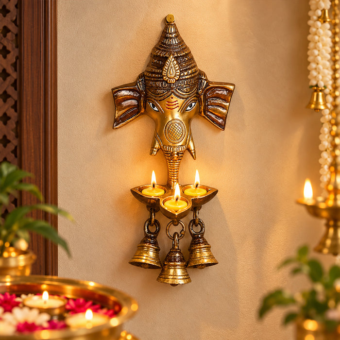 8.8 Inch Brass Ganesh With Bell And Diya Wall Hanging