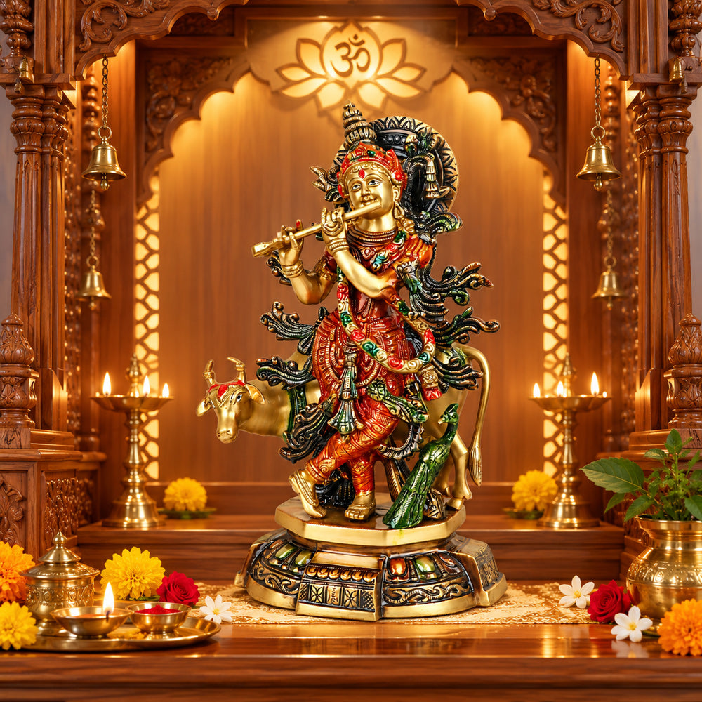 15 Inch Lovely Krishna with Cow Colorful Brass Idol