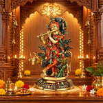 15 Inch Lovely Krishna with Cow Colorful Brass Idol