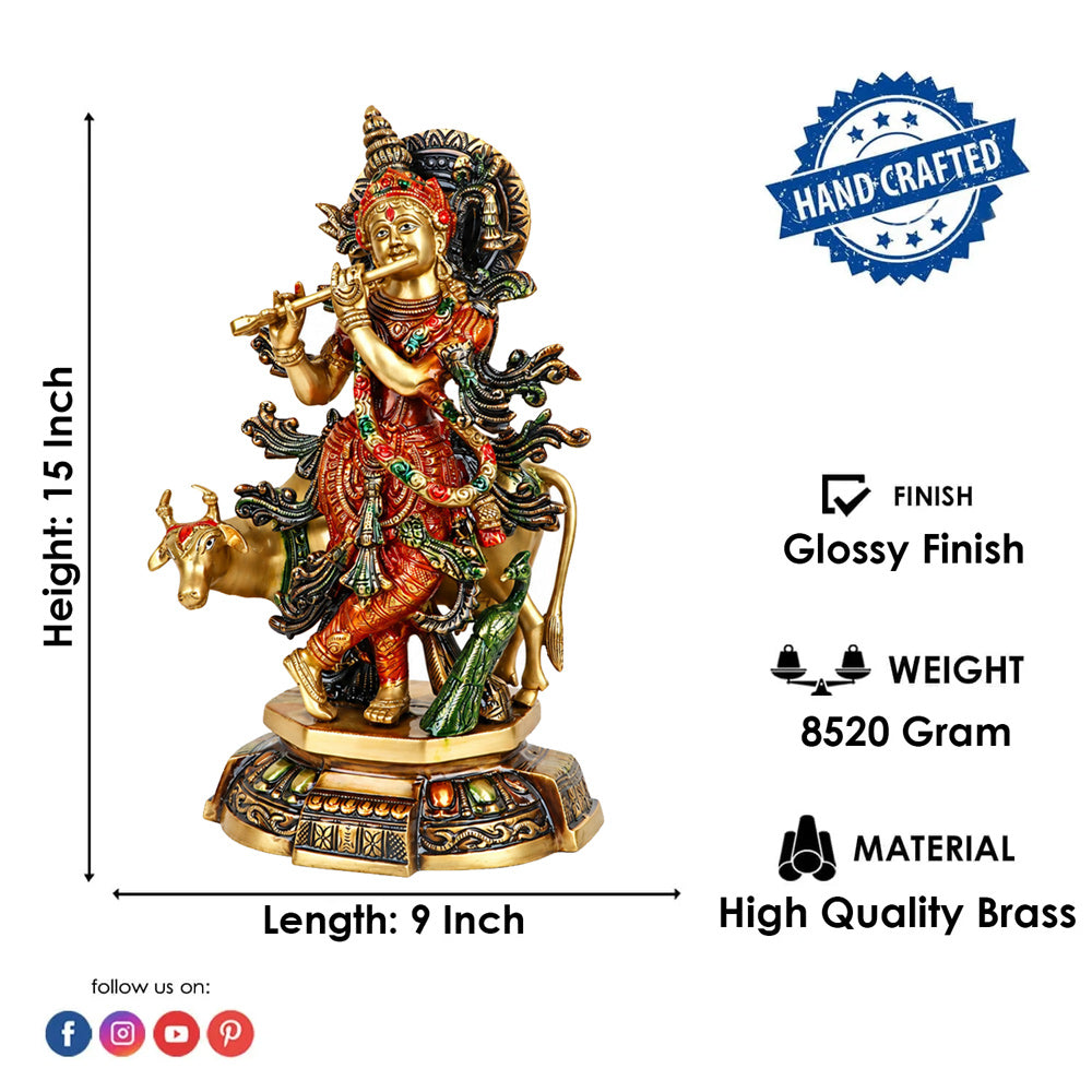 15 Inch Lovely Krishna with Cow Colorful Brass Idol