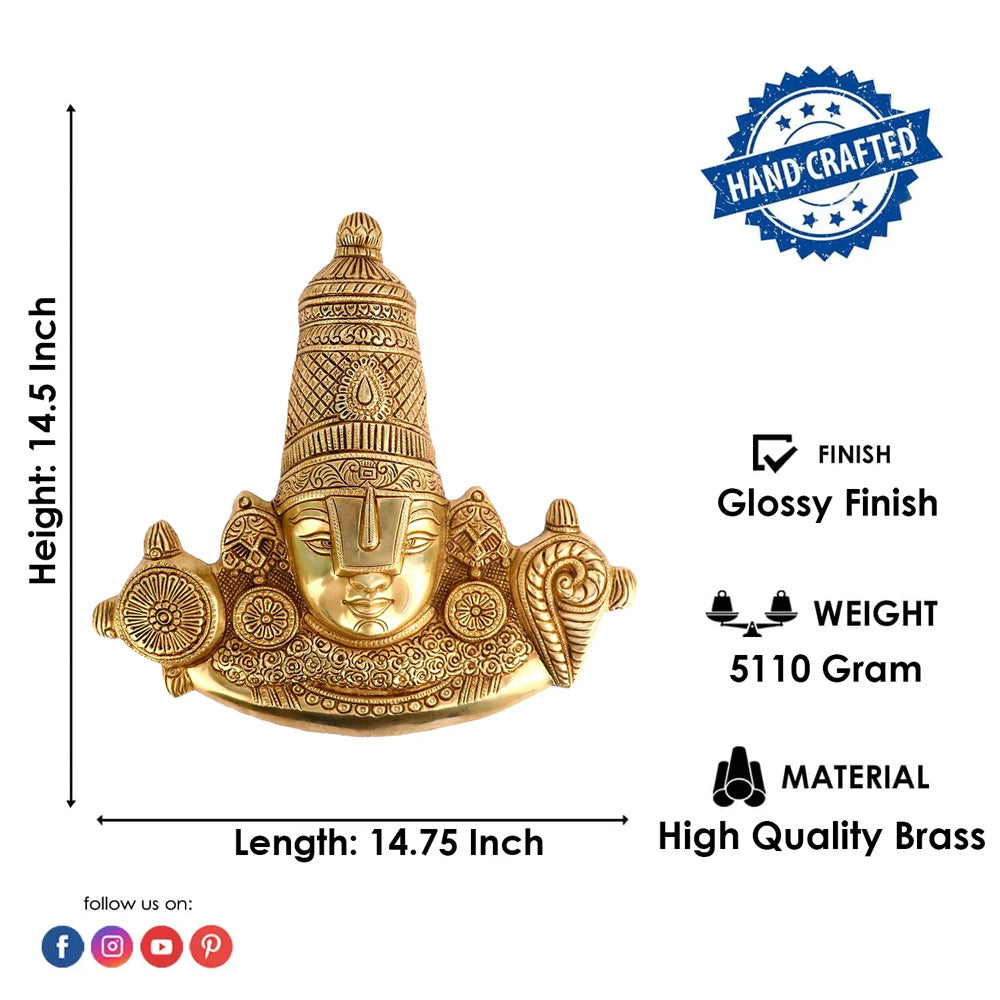 14.5 Inch Brass Tirupati Balaji Maharaj Face Wall Hanging Large
