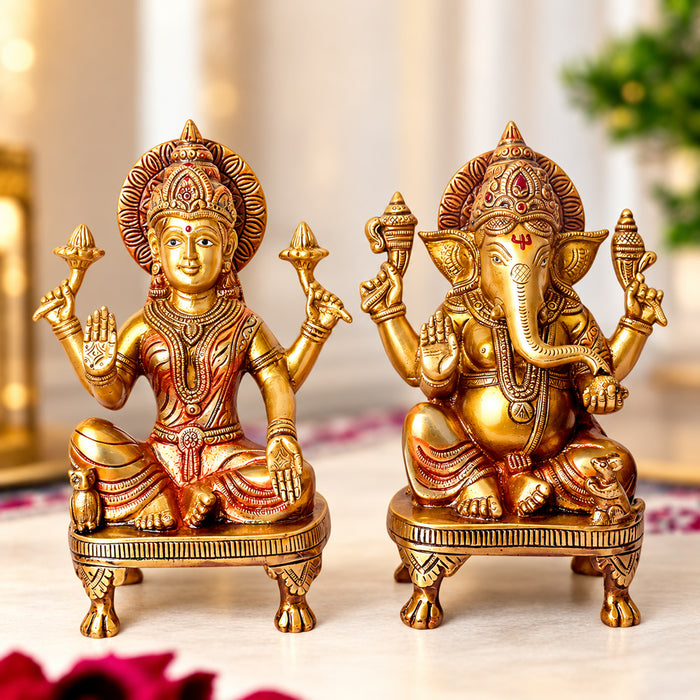 9 Inch Premium Brass Lakshmi Ganesha Idol