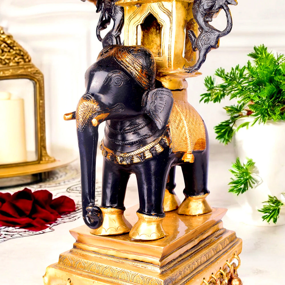 23 Inch Brass Chowki on Elephant with Hanging Bells – Exquisite Decorative Piece