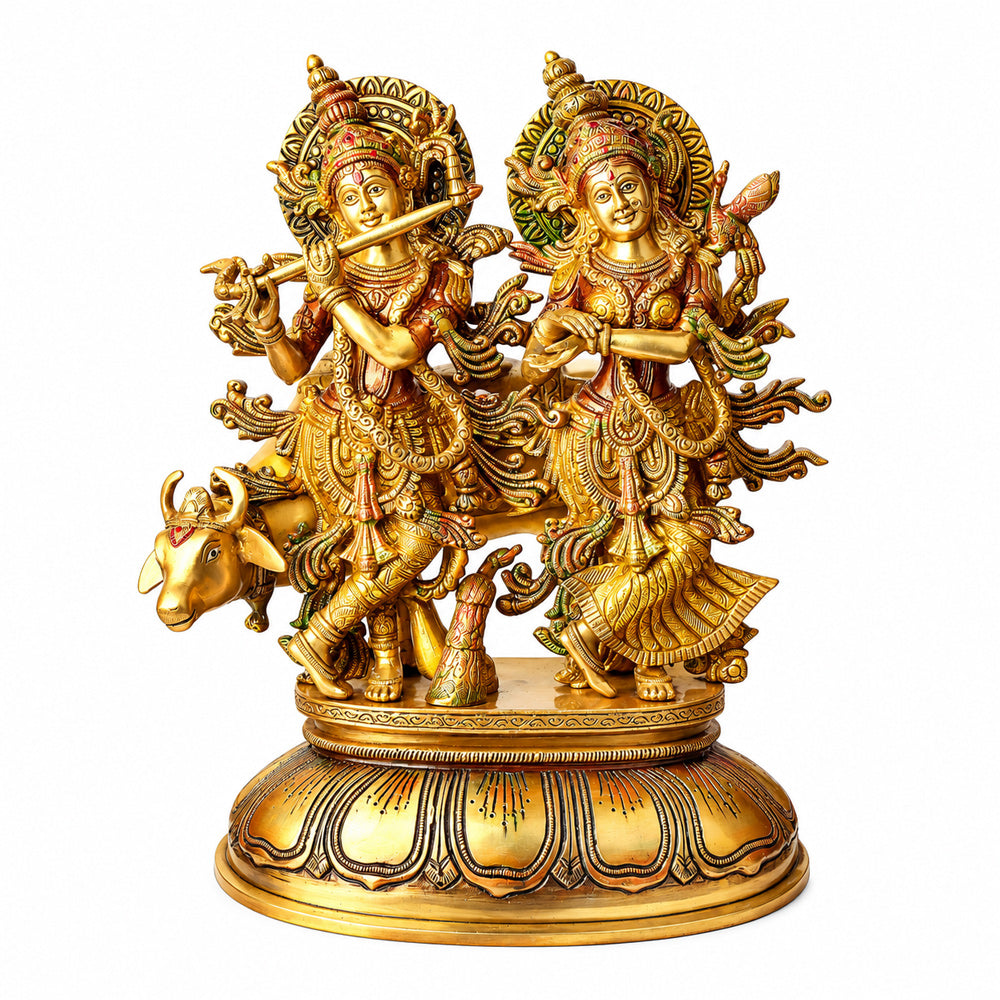 16.5 Inch Charming Radha Krishna with Kamdhenu Colorful Brass Idol