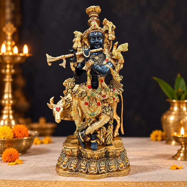 17 Inch Brass Krishna Statue with Cow