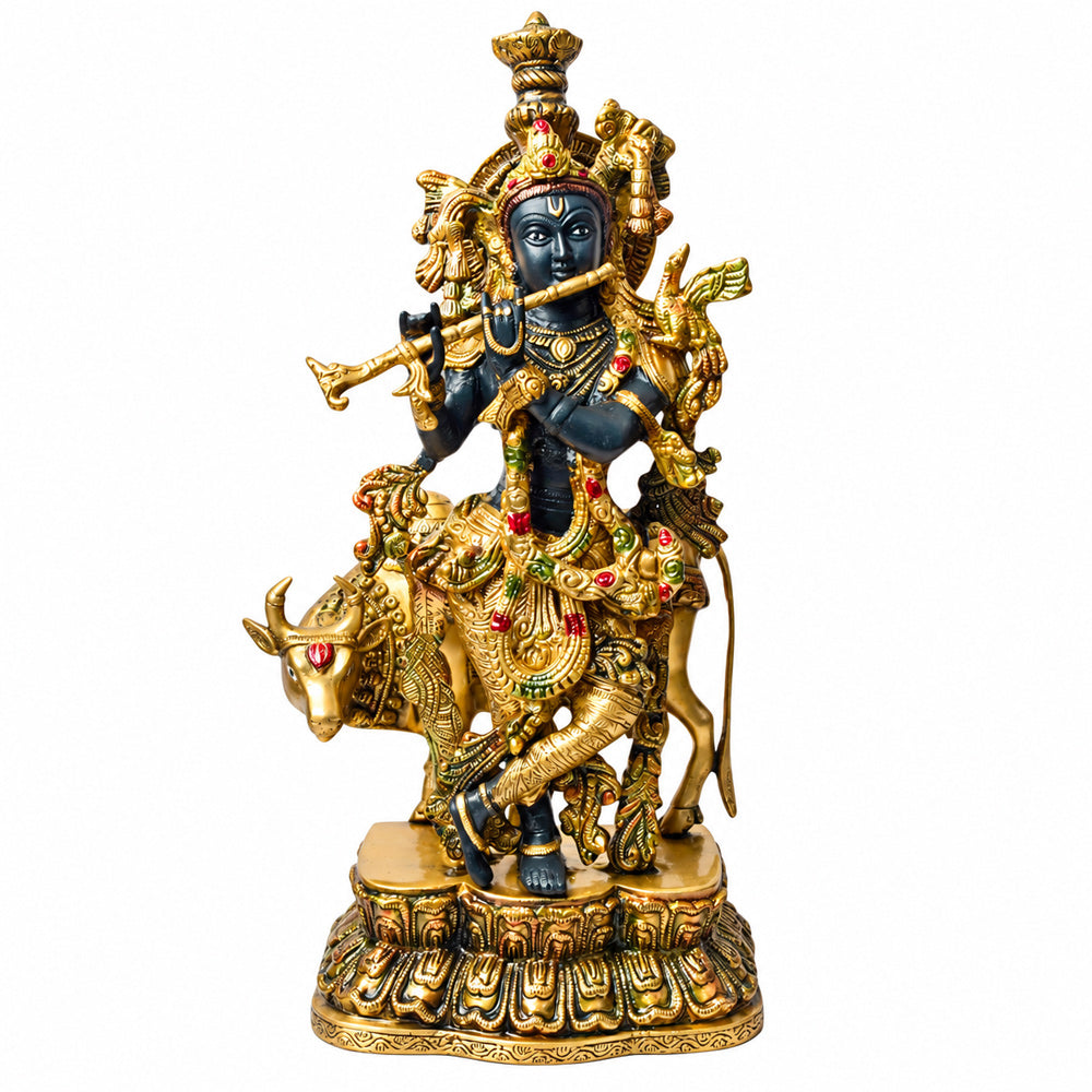 17 Inch Brass Krishna Statue with Cow
