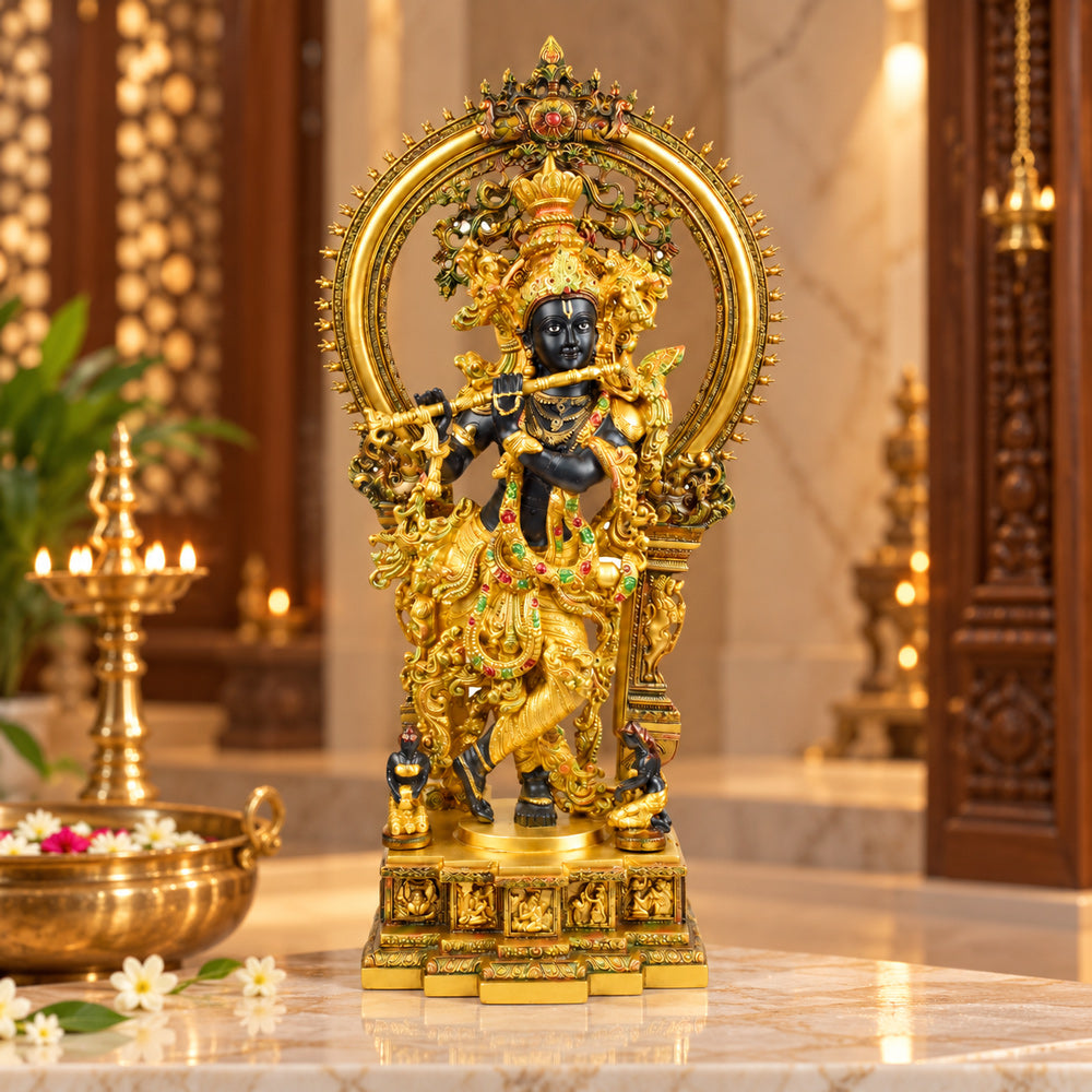 32 Inch Lord Krishna Stands on an Engraved Base with Frame