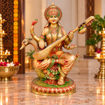 36 Inch Premium Goddess Saraswati Brass Idol – Antique Gold Finish