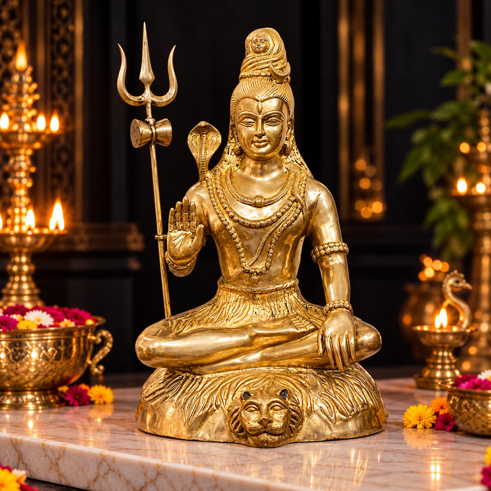 31 Inch Large Brass Shiv Seated Idol with Trishul & Damaru