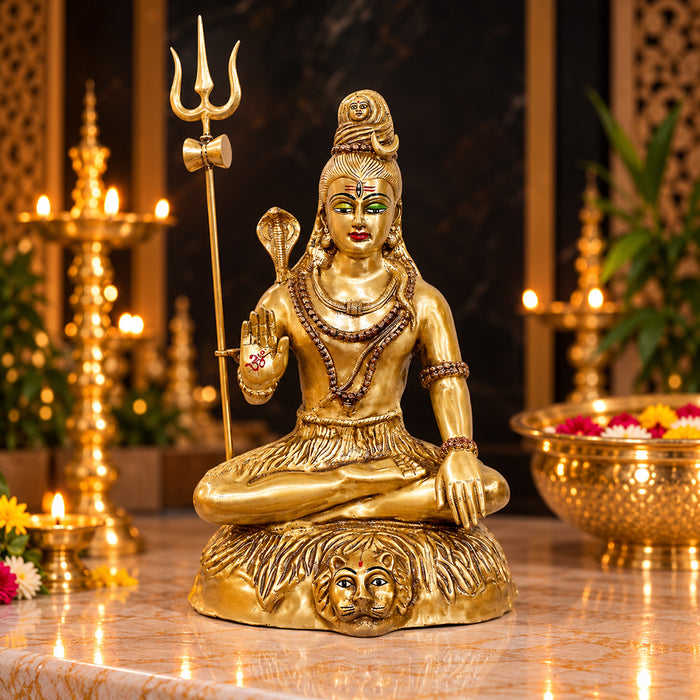 31 Inch Large Brass Lord Shiva Statue - Seated Idol with Trishul & Snake